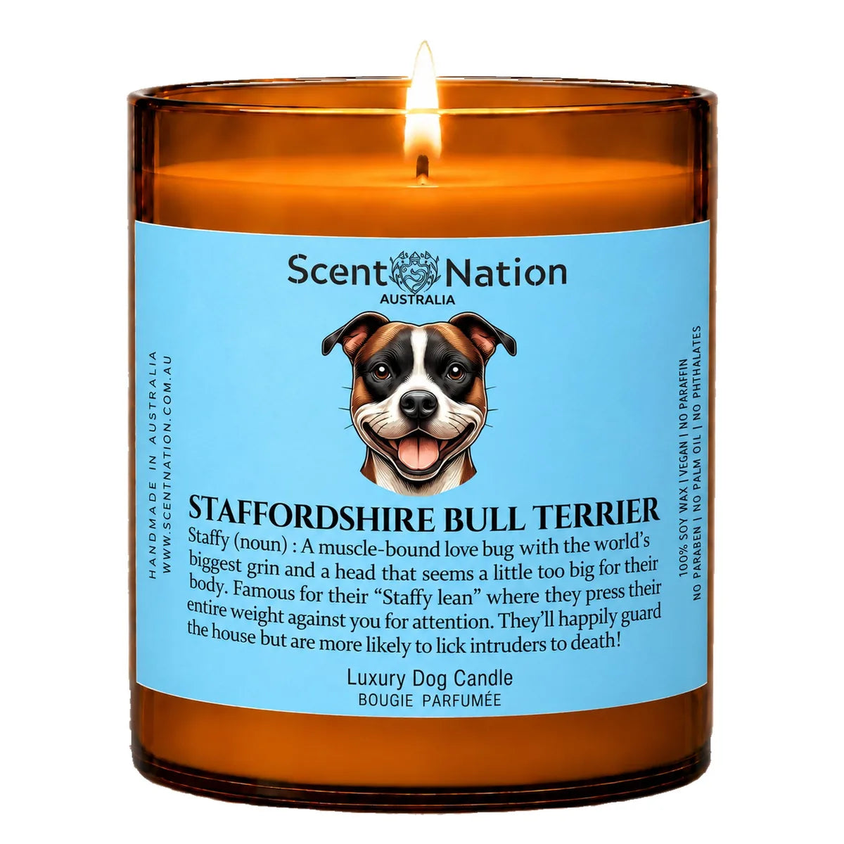 Staffy (Staffordshire Bull Terrier) Dog Gifts – Staffy (Staffordshire Bull Terrier) dog noun candle with a hand-drawn portrait and funny dictionary definition on a baby-blue label, Large 285g amber jar, for dog lovers in Australia