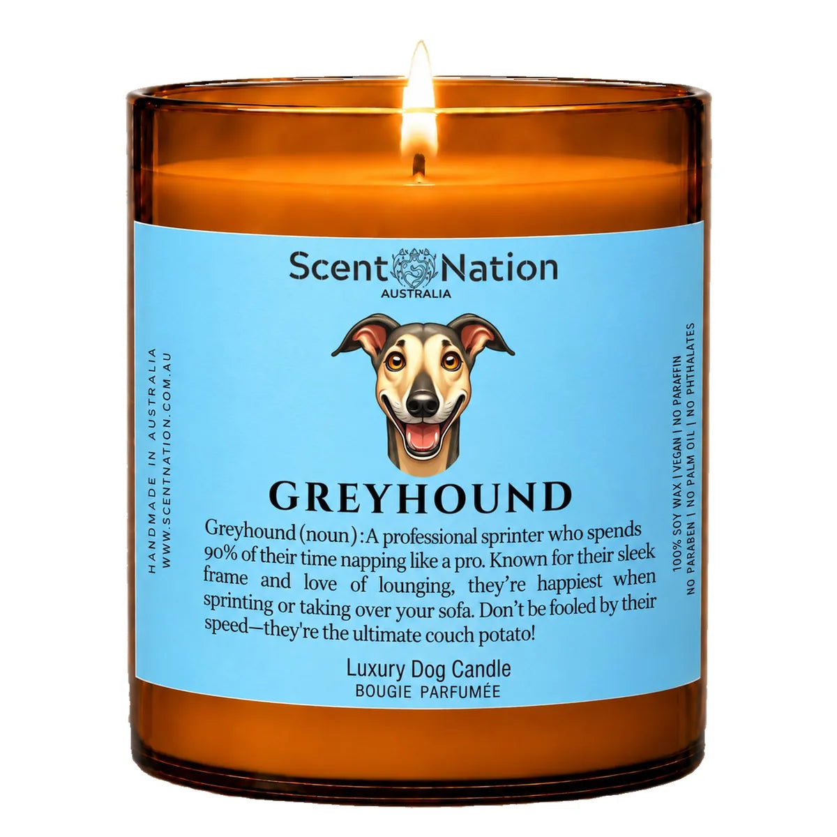 Greyhound Dog Gifts – Greyhound dog noun candle with a hand-drawn portrait and funny dictionary definition on a baby-blue label, Large 285g amber jar, for dog lovers in Australia