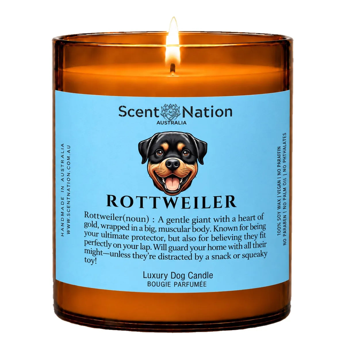 Rottweiler Dog Gifts – Rottweiler dog noun candle with a hand-drawn portrait and funny dictionary definition on a baby-blue label, Large 285g amber jar, for dog lovers in Australia