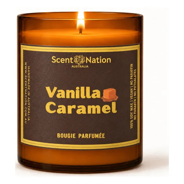 Vanilla candle – Vanilla Caramel scented soy candle in a Large 285g amber jar, a dark brown label with gold lettering and a melting caramel cube
