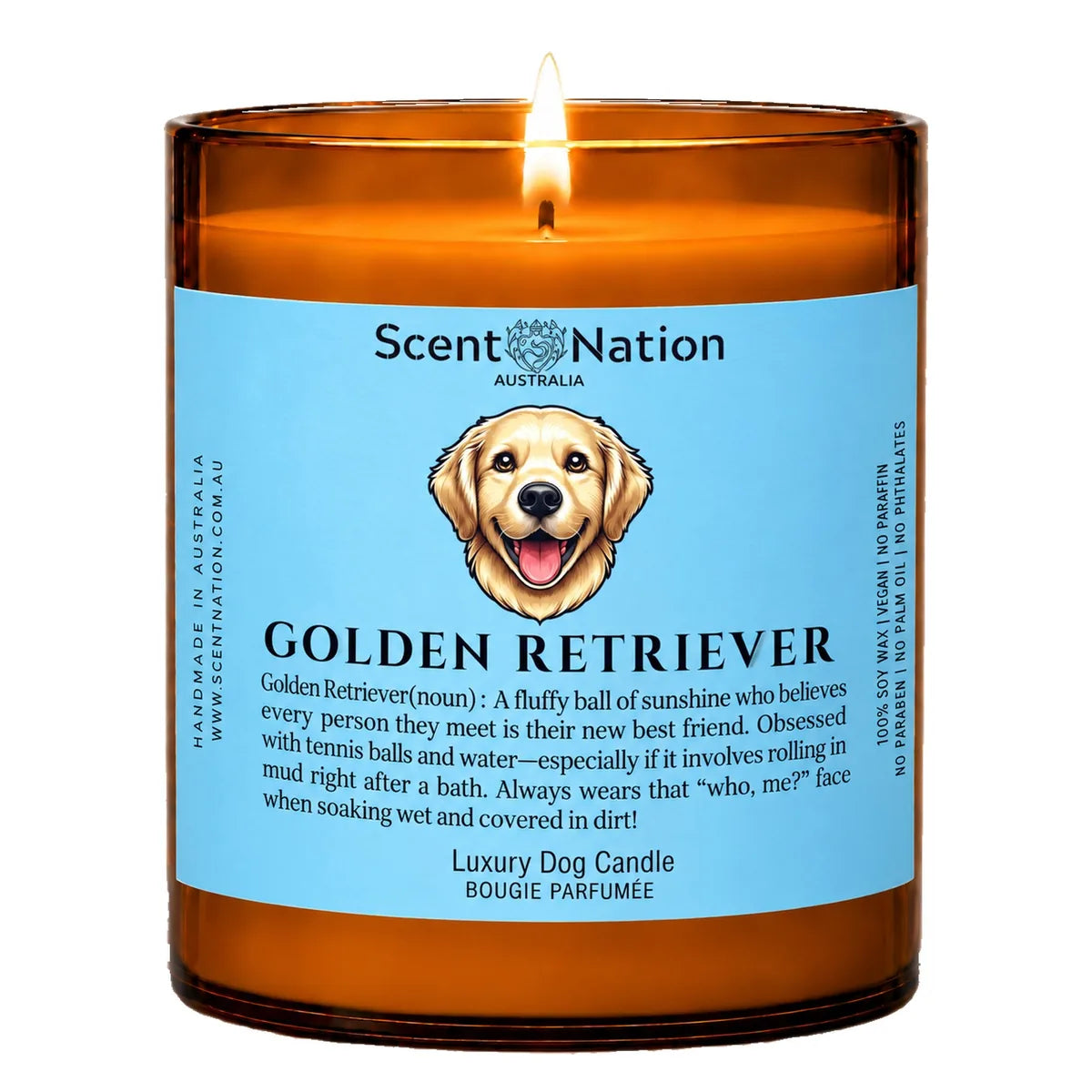 Golden Retriever Dog Gifts – Golden Retriever dog noun candle with a hand-drawn portrait and funny dictionary definition on a baby-blue label, Large 285g amber jar, for dog lovers in Australia
