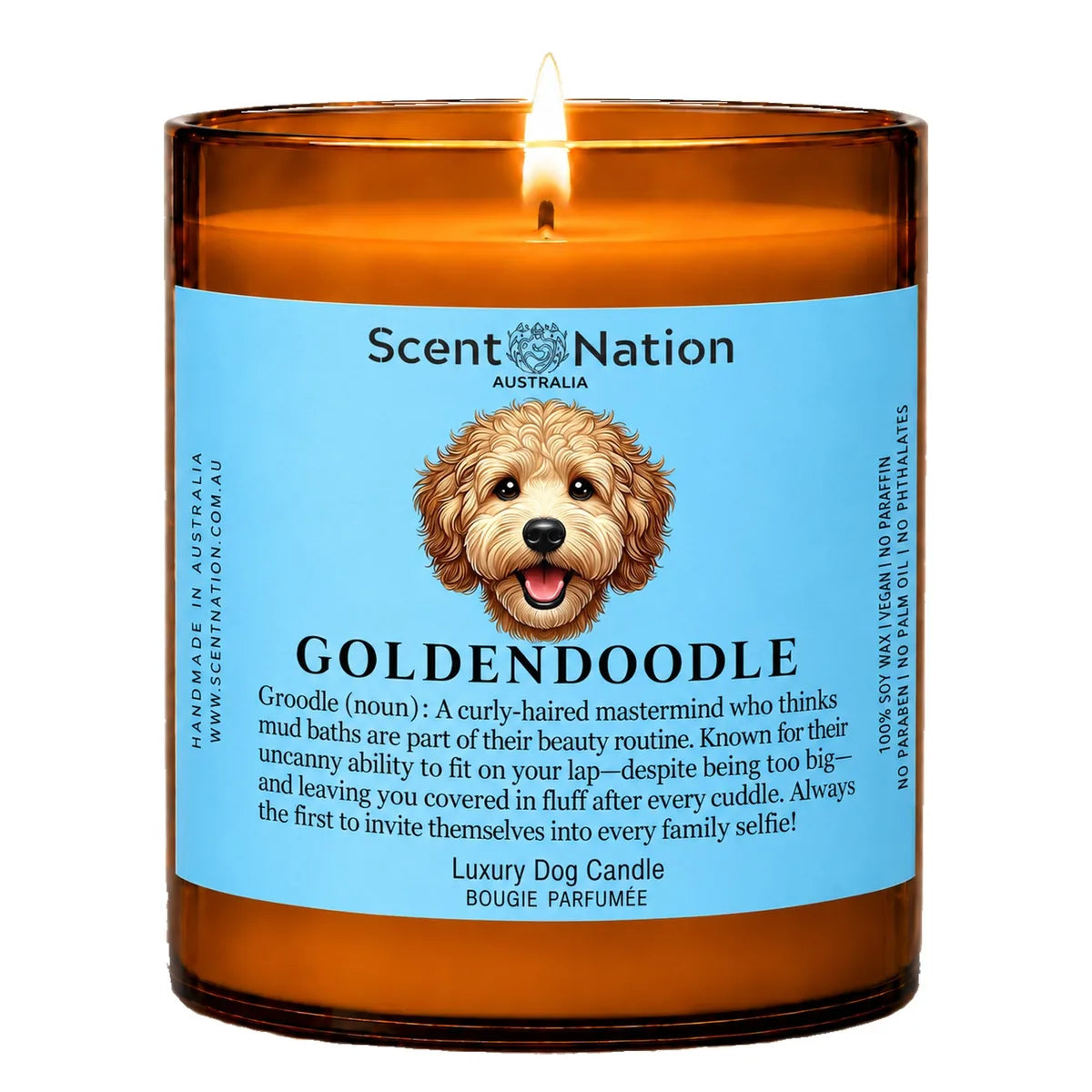 Groodle (Golden Doodle) Dog Gifts – Groodle (Golden Doodle) dog noun candle with a hand-drawn portrait and funny dictionary definition on a baby-blue label, Large 285g amber jar, for dog lovers in Australia