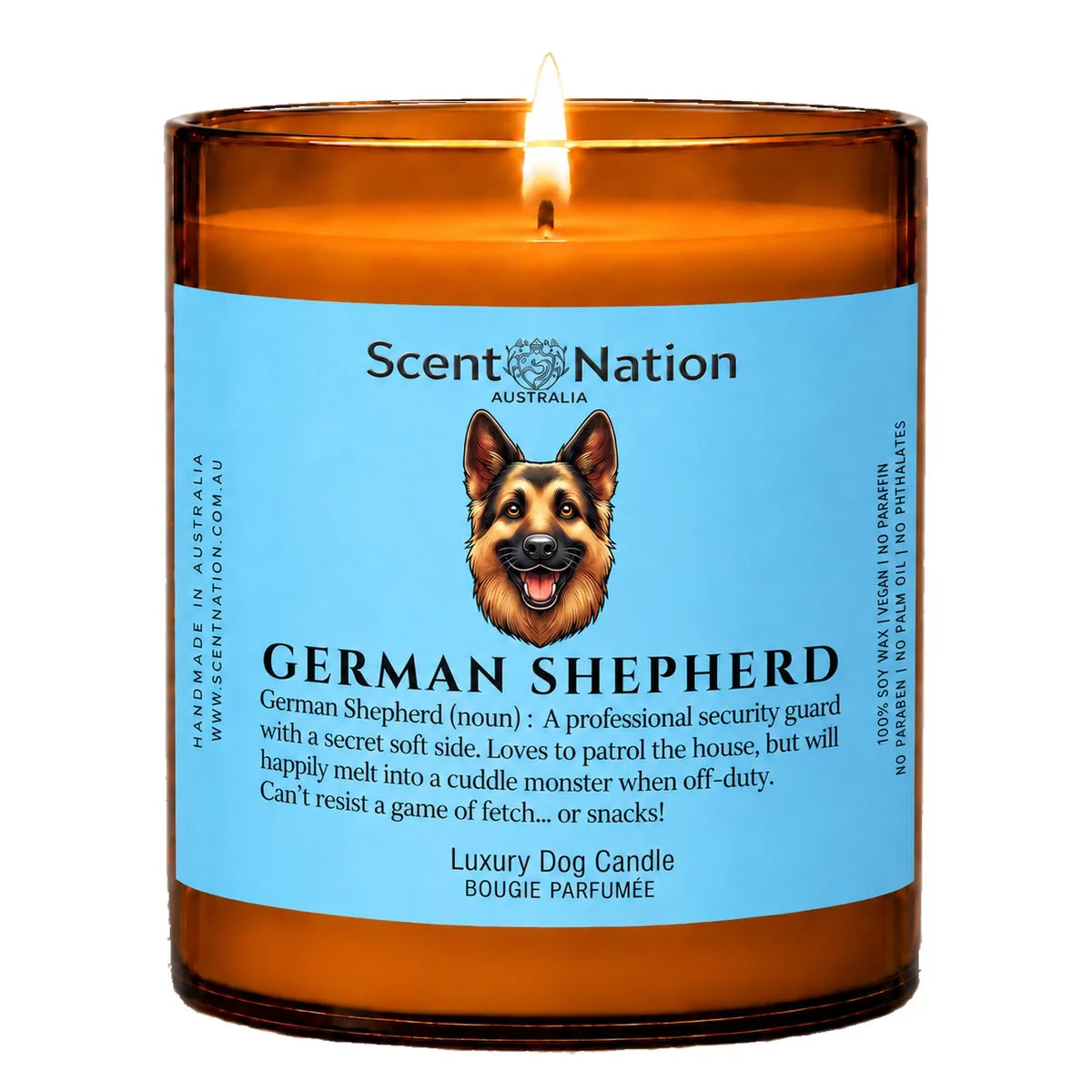 German Shepherd Dog Gifts – German Shepherd dog noun candle with a hand-drawn portrait and funny dictionary definition on a baby-blue label, Large 285g amber jar, for dog lovers in Australia