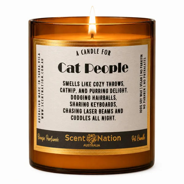 Candles for cat lovers – 30th Birthday Gift for Cat Lovers, a Scent Nation hand-poured soy candle in an amber jar with its printed label, Australia