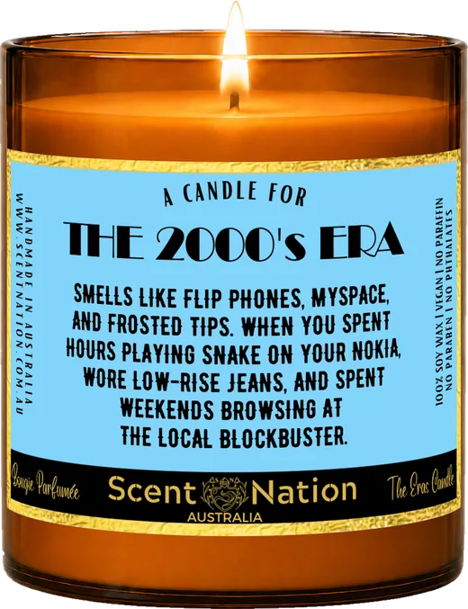 2000s nostalgia gifts – The 2000’s Era candle, a Large 285g amber soy candle with a gold-trimmed label: a candle for the 2000’s era, hand-poured in Australia