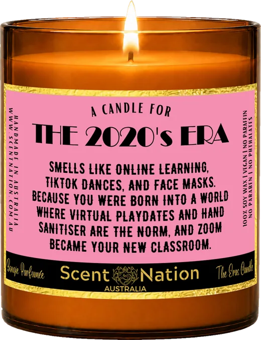 Eras candle gift – The 2020’s Era candle, a Large 285g amber soy candle with a gold-trimmed label: a candle for the 2020’s era, hand-poured in Australia