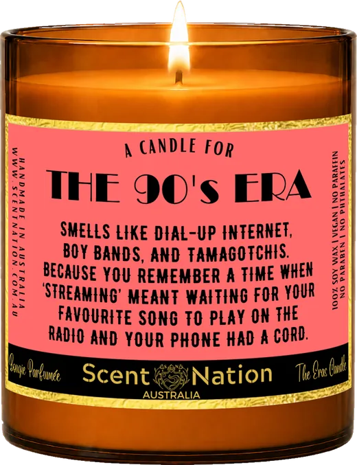 90s nostalgia gifts – The 90’s Era candle, a Large 285g amber soy candle with a gold-trimmed label: a candle for the 90’s era, hand-poured in Australia