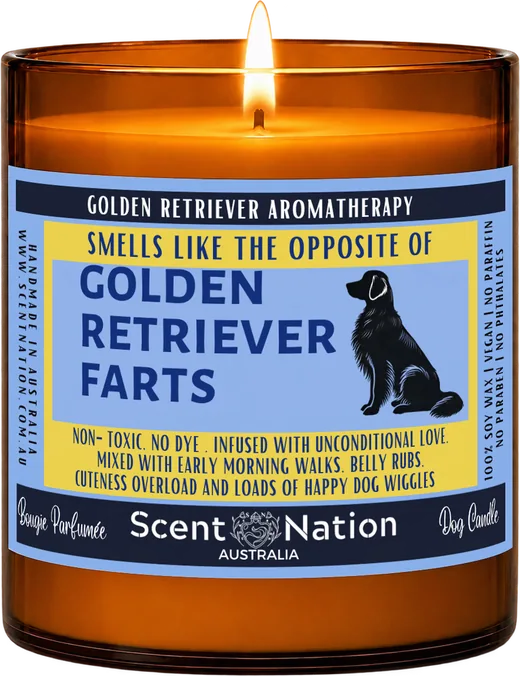 Funny dog gifts – The Golden Retriever Fart Candle, a Large 285g amber soy candle with a cheeky Golden Retriever label that blames the dog for the smell