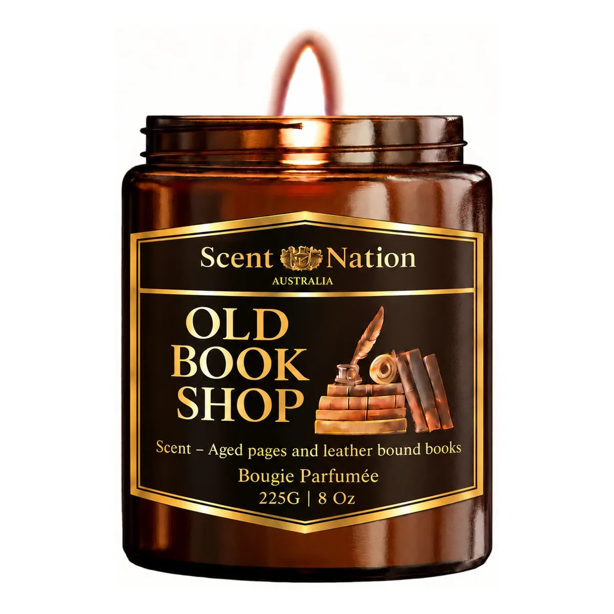 Old Book Shop Candle, a library-scented gift for book lovers in Australia – Medium 225g amber soy candle with a black-and-gold antique books label, scented with aged pages and leather-bound books